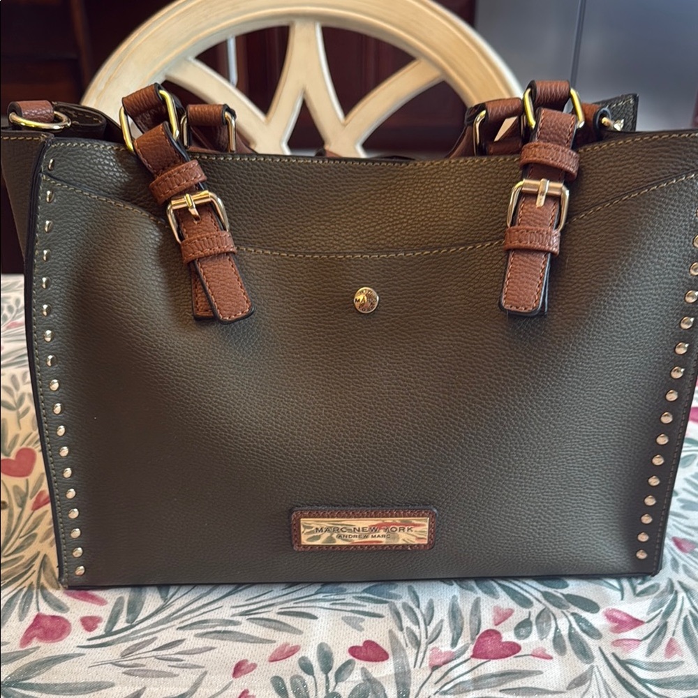 Mark New York  Green and Brown Shoulder Bag with Structured Design.